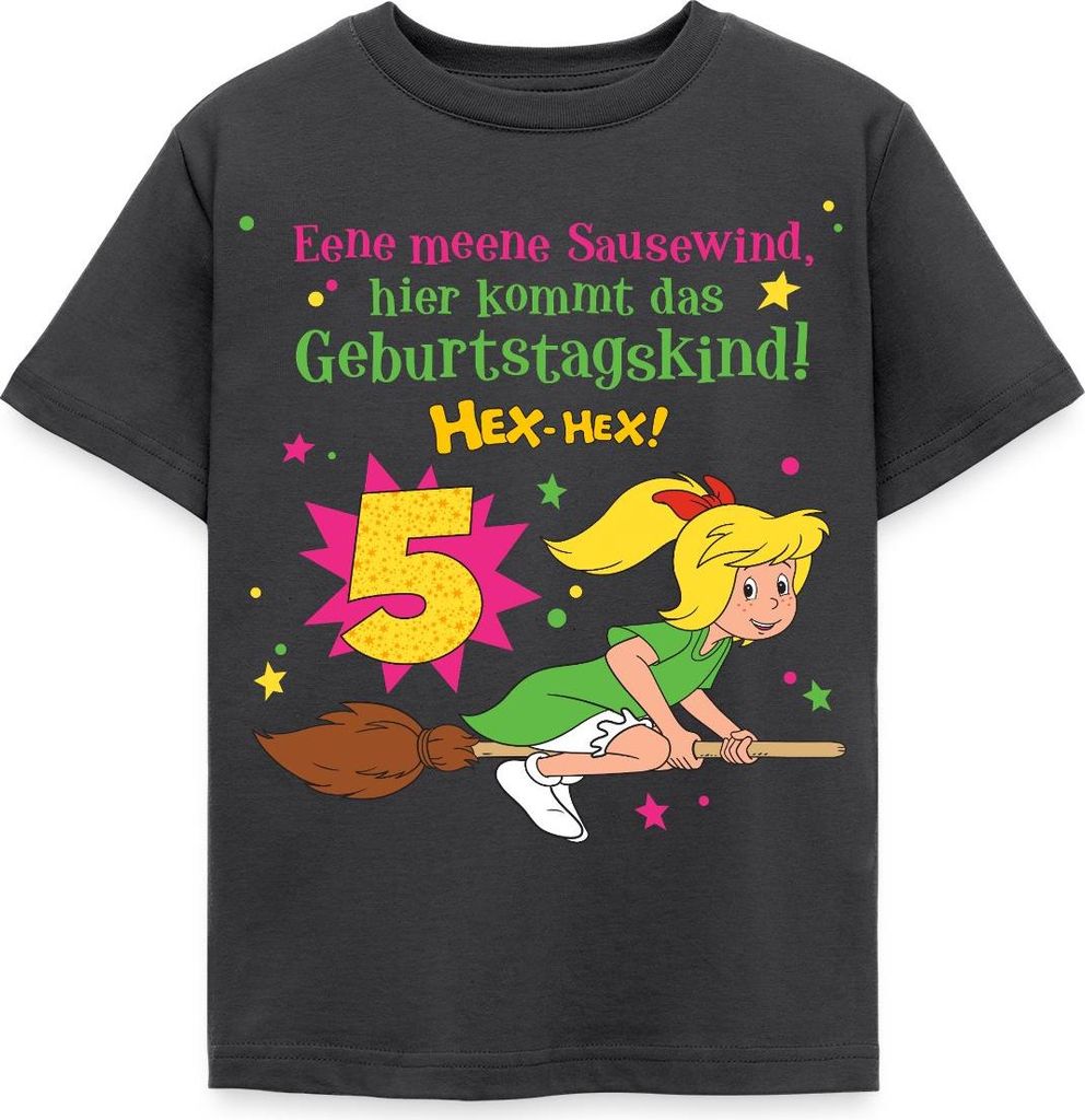Spreadshirt Bibi Blocksberg Geburtstagsdesign 5 Jahre Kinder T-Shirt, 122/128 (7-8 Jahre), Dunkelgrau