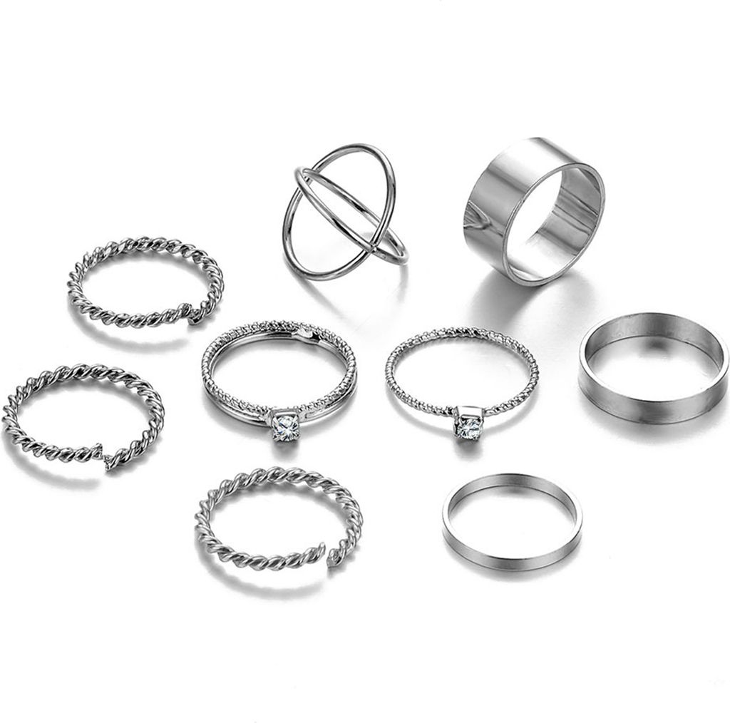 9-teiliges Vintage-Ring-Set mit verstellbarer Öffnung, Twist-Galvanik-Ring-Set für Damen, geometrischer Ring, trendiger Schmuck, Geschenke-Silber