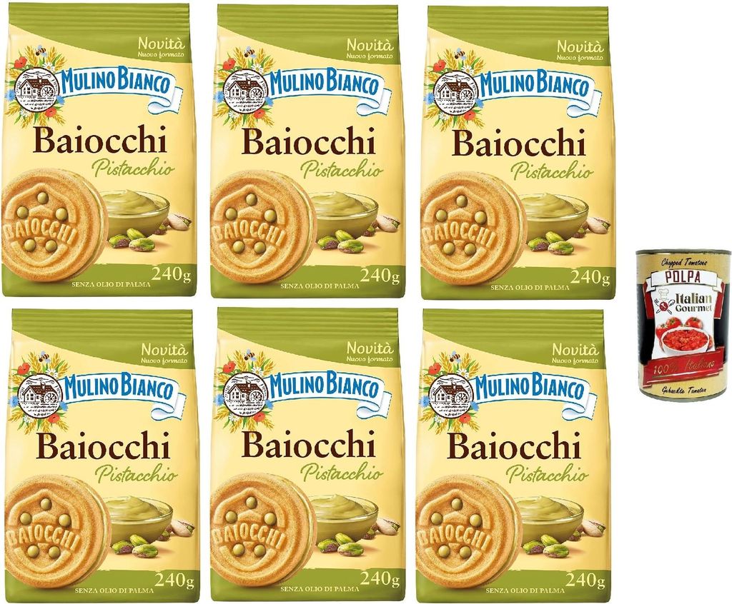 6x Mulino Bianco Baiocchi Pistacchio,Kekse mit Pistazien und Mürbeteig, ideal zum Frühstück oder Snack, ohne Palmöl 240g + Italian Gourmet Polp...