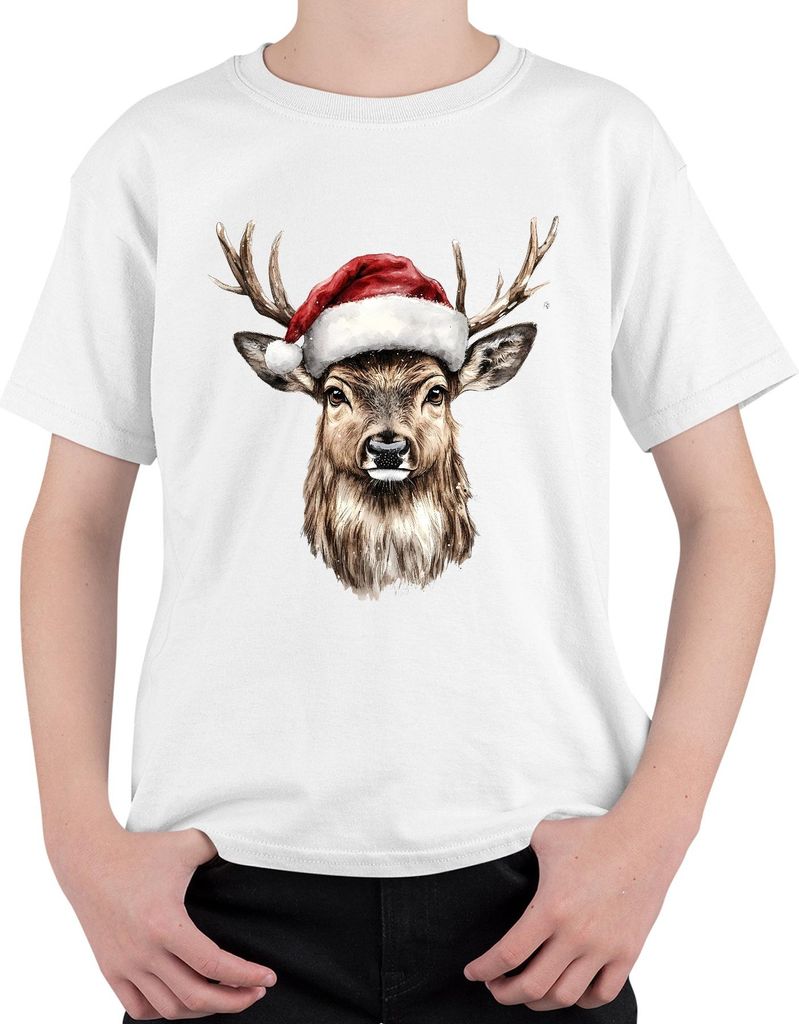 Weihnachten Rentier Santa Hut Geschenk Aquarell Vintage Uni Kinder T-Shirt, Weiß, 104