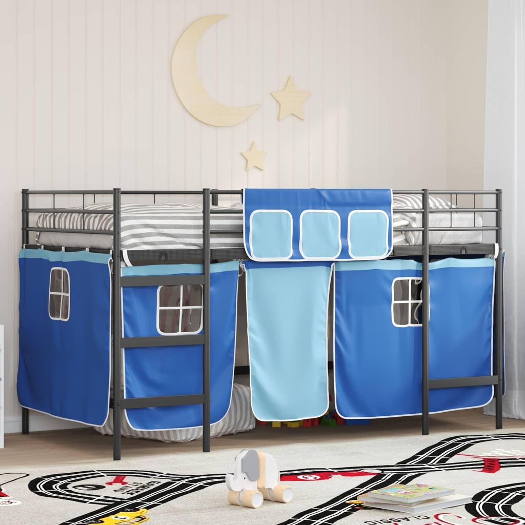 "Schlussverkauf" Einzelbett 1 PLACE - Kinder Loft Bettgestell einzel - mit Vorhängen Schwarz und Blau C3206