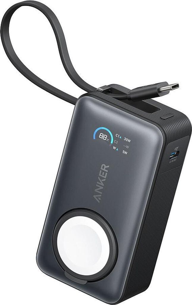 Anker MagGo Apple Watch Externer Akku, 10000 mAh, Ultra-Slim, Qi2 35W, Integriertes USB-C Kabel, Schwarz