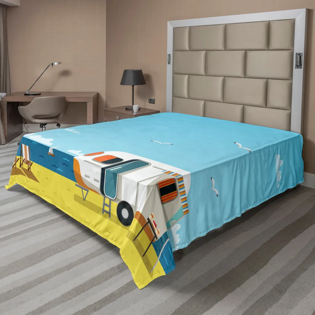 Drap plat doux en tissu respirant motif Caravane Jaune et Bleu Marine