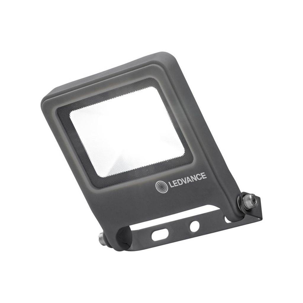 A dark gray LEDVANCE floodlight is shown against a white background.