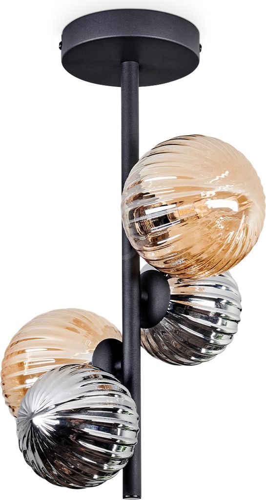 Isorella Deckenlampe aus Metall/Riffelglas in Schwarz/Rauch-/Bernsteinfarben