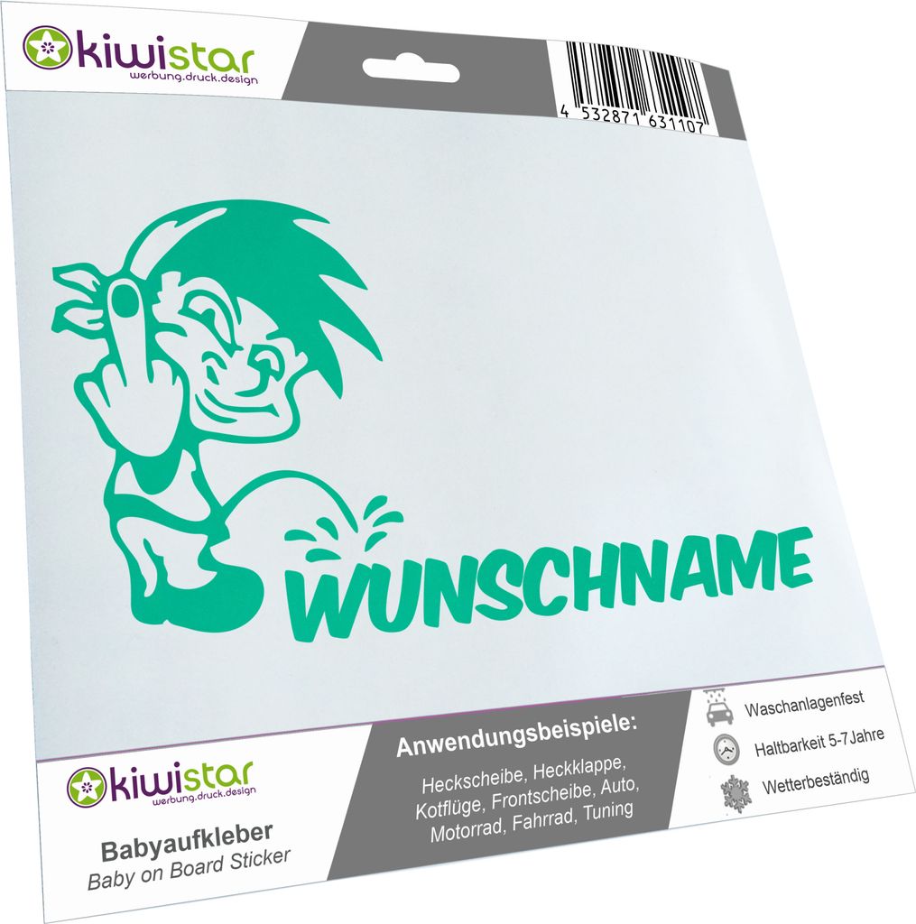 Kiwistar - Autoaufkleber - Piss on Wunschname - Junge mit Tuch & Finger - 60 cm - türkis - Pissmännchen - Aufkleber für Auto, Laptop, Fahrrad, L...