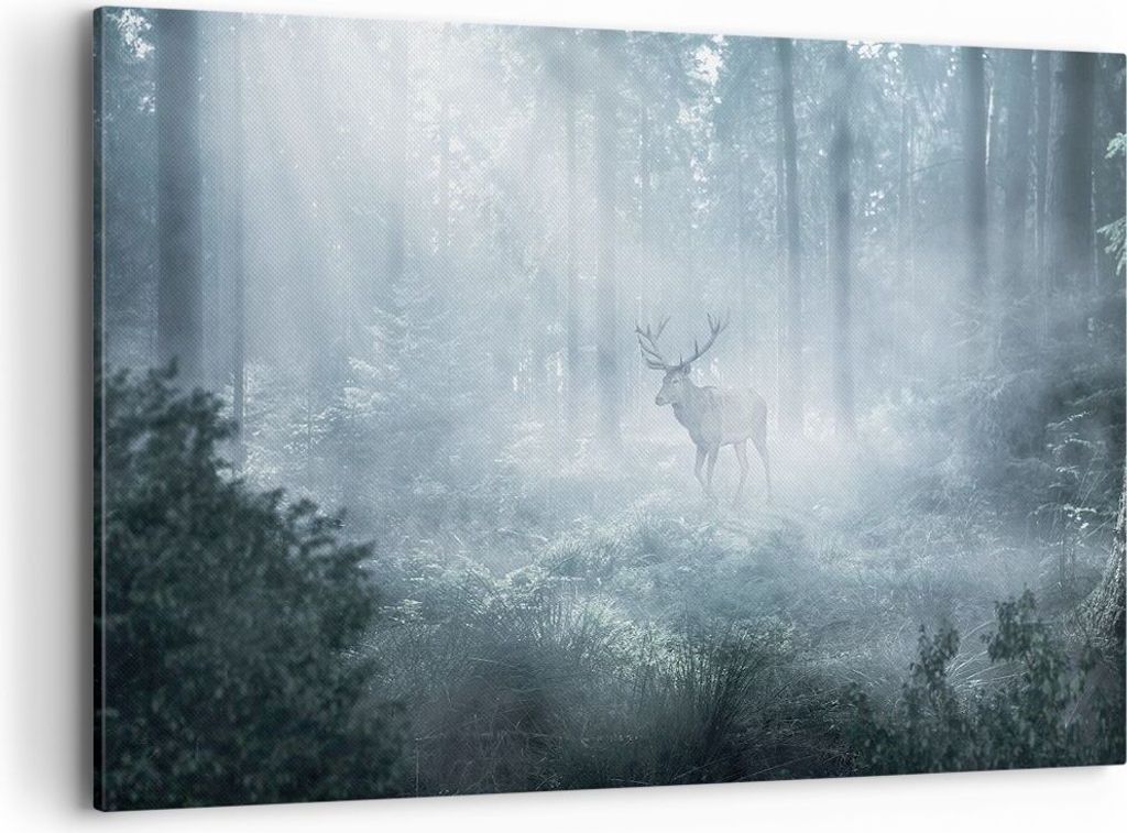 Bild auf Leinwand - Leinwandbild - Einteilig - Hirsch Wald Morgendämmerung - 120x80cm - Wand Bild - Wanddeko - Wandbilder - Leinwanddruck - Bilder...