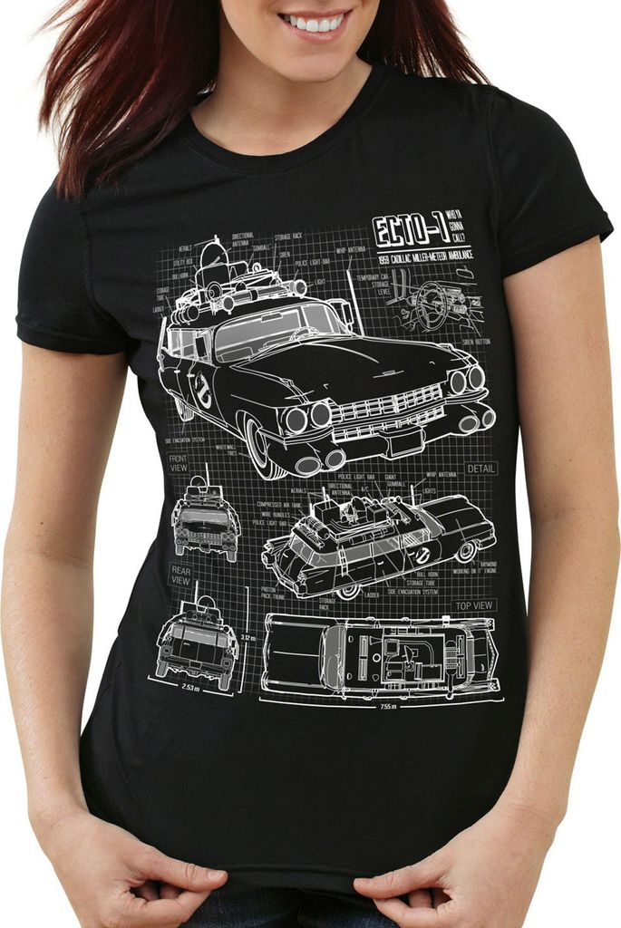 style3 ECTO-1 Blaupause Damen T-Shirt geisterjäger, Farbe:Schwarz, Größe:L