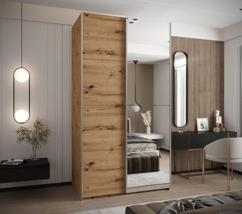Zweitüriger Kleiderschrank SAMARA 3 - 130 cm, Eiche handwerklich / Silber