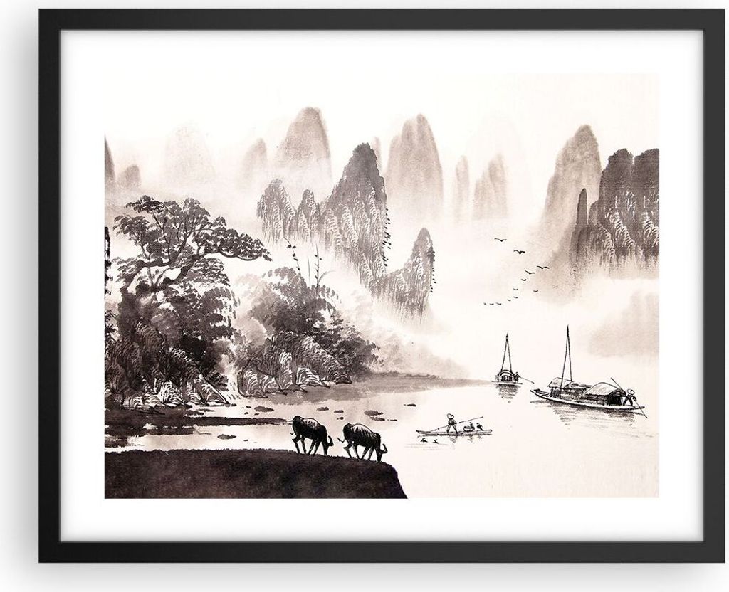 Gerahmtes Poster - Schwarzer Rahmen - Chinesisch Landschaft Aquarell - 50x40 cm - Wand Bild - Wanddeko - Wandbilder - Wandposter - Bilderrahmen - B...