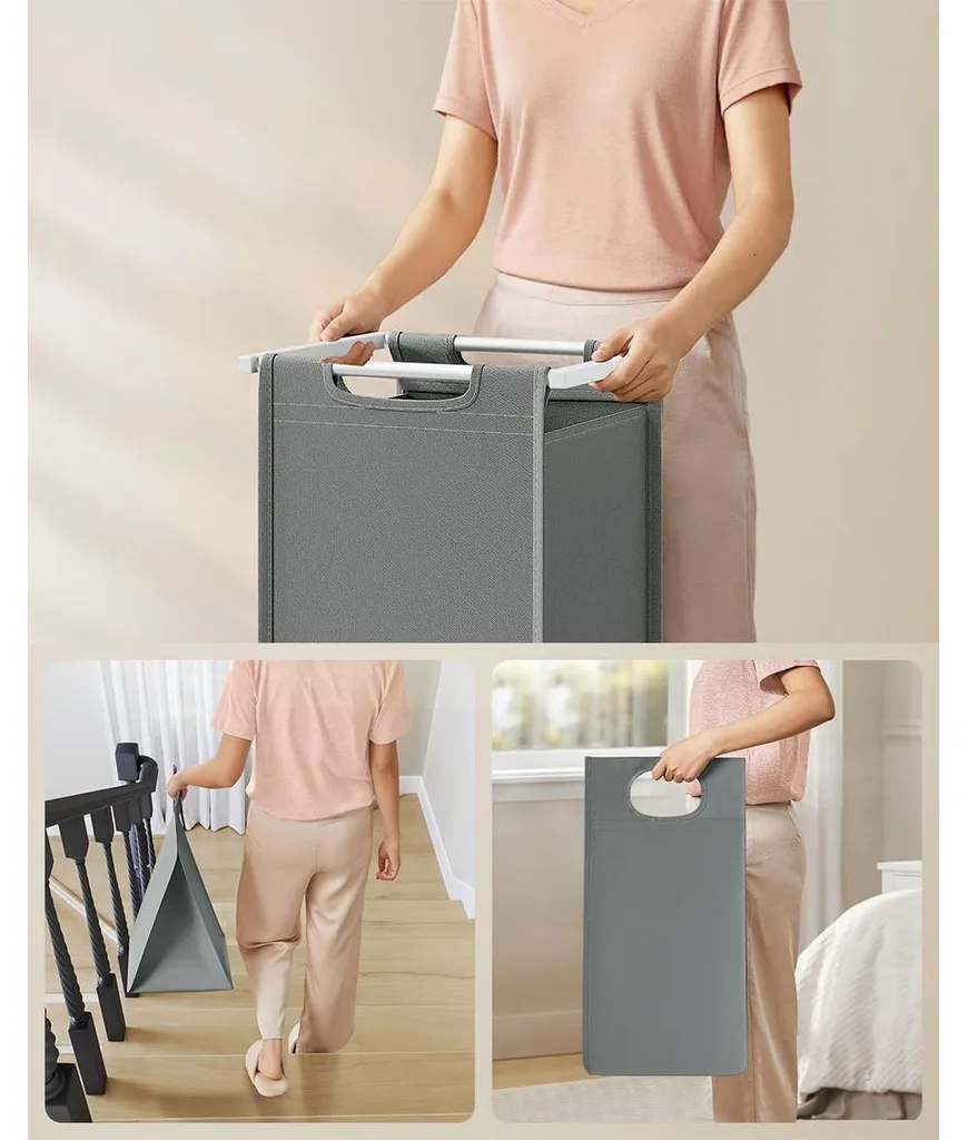 Panier à linge gain de place 2 compartiments blanc gris H71 cm robuste - 8