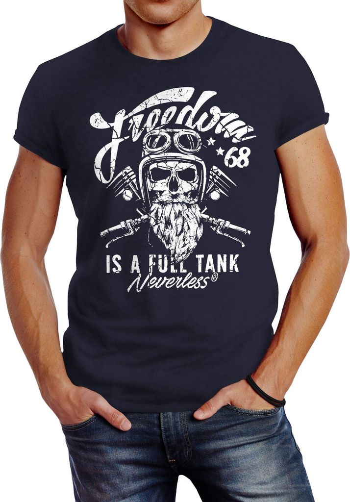 Herren T-Shirt Biker Motorrad Motiv Freedom is a full Tank Skull Totenkopf Slim Fit Neverless navy XL