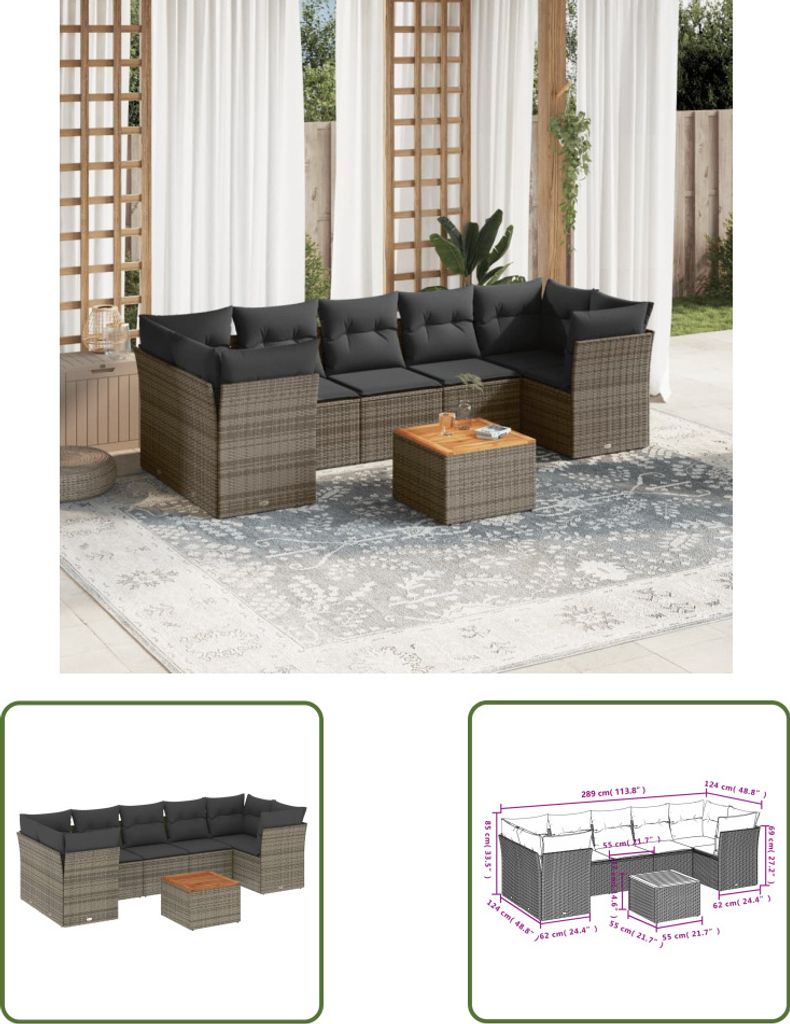 The Living Store 8-tlg. Garten-Sofagarnitur mit Kissen Grau Poly Rattan
