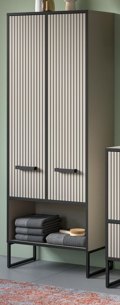 Bad Hochschrank "Scana" Sand schwarz Badschrank 2-türig 59 x 159 cm, Soft-Close