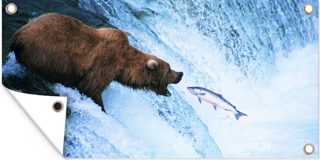 MuchoWow 60x30 cm Outdoor-Poster Gartendeko Sichtschutz Garten Poster für den Garten Bär - Fisch - Wasserfall