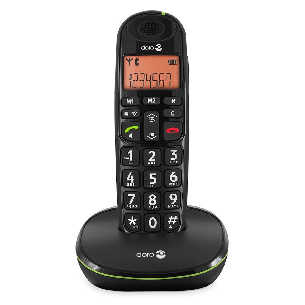 A black cordless phone with a green accent sits on its charging base against a white background.