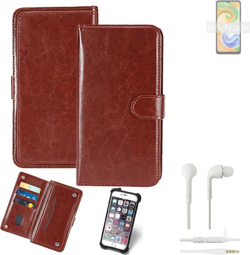 K-S-Trade 360° Hülle kompatibel mit Samsung Galaxy A04s inkl. Headphones braun Kunstleder Case BookCase WalletCase Kunstlederederhülle Handyhülle,