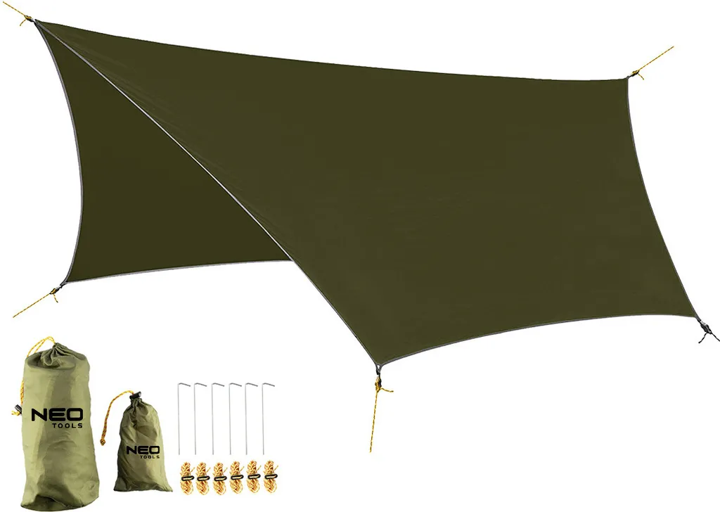 NEO TOOLS Tarp 360 x 290 cm - Toile de tente étanche avec 4 piquets et 6 cordes