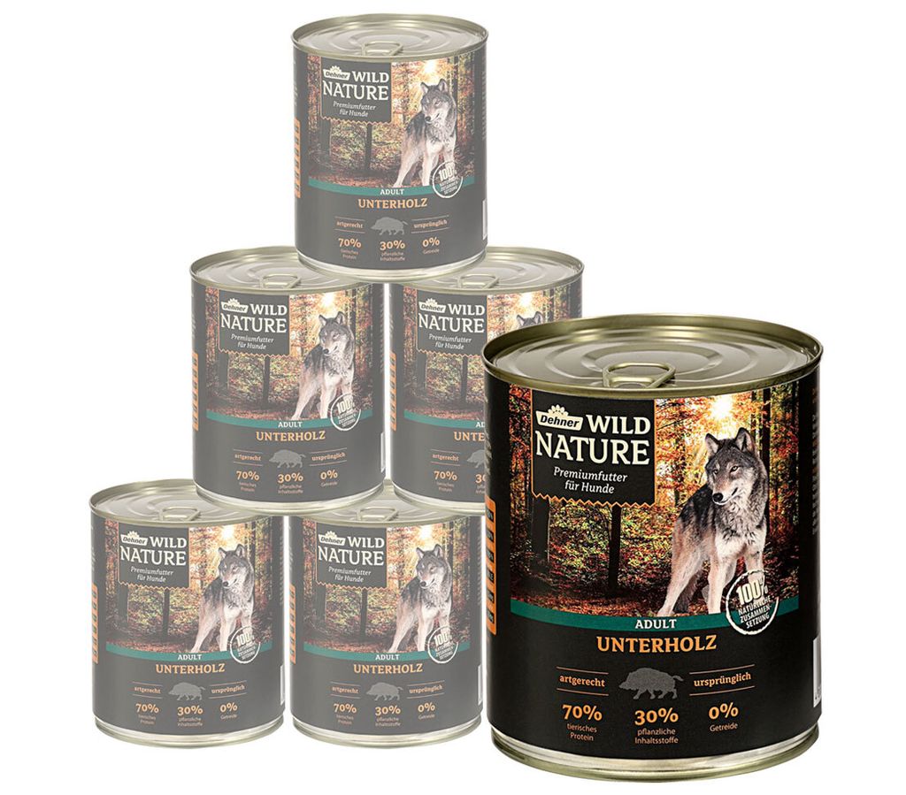 Dehner Wild Nature Hundefutter Unterholz, Nassfutter getreidefrei / zuckerfrei, für ausgewachsene Hunde, Rind / Wildschwein / Lamm, 6 x 800 g Dose...
