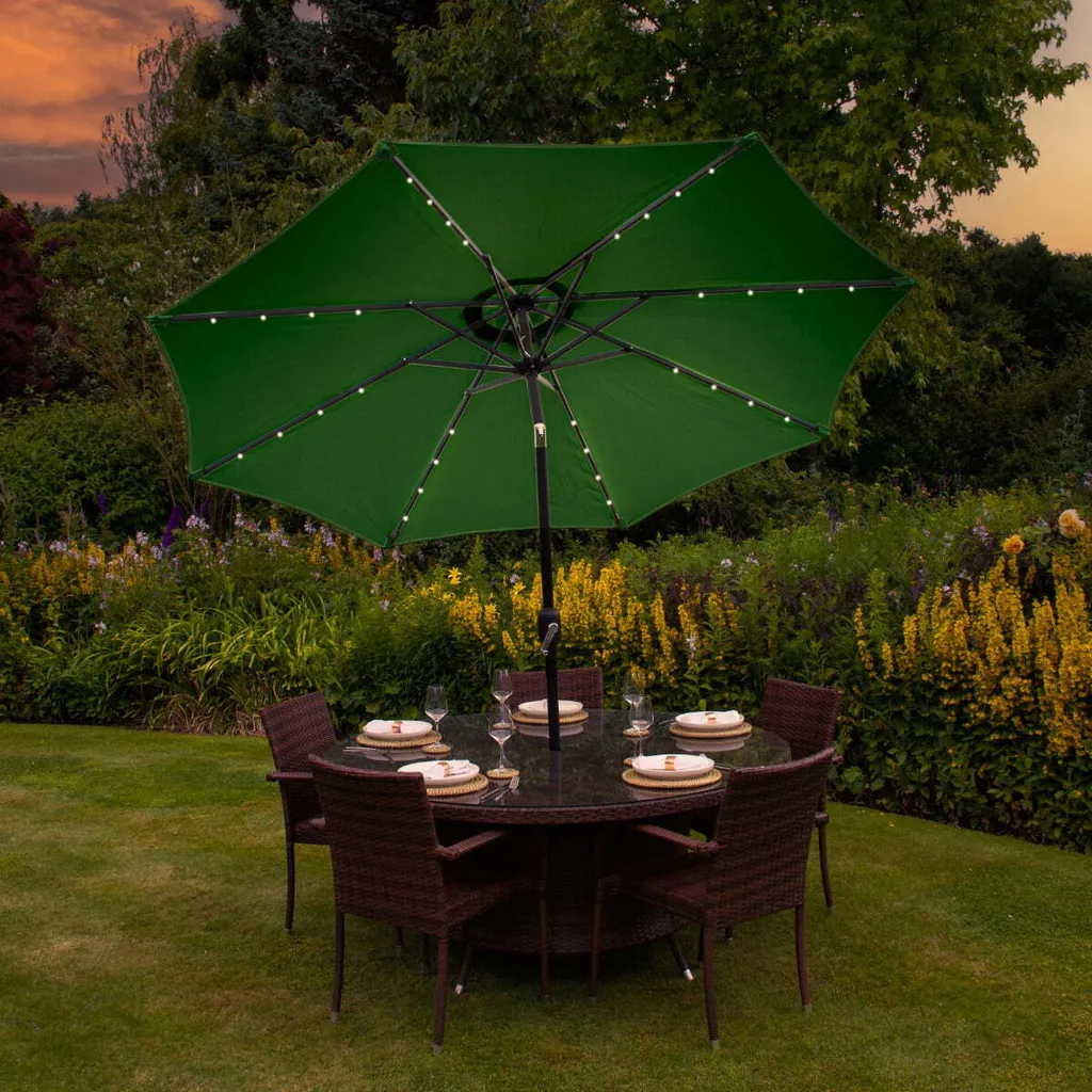 Parasol 2.7m Vert avec LED Intégrées et Fonction Bascule de Jardin