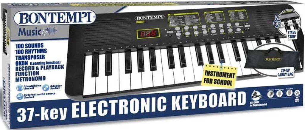 Bontempi KeyRhythm Digital Keyboard Piano with 37 Keys, 2 cm Pitch, Headphone Jack, Pentagram Stripes, Metronome and Transposer, 52 x 19.5 x 5 cm