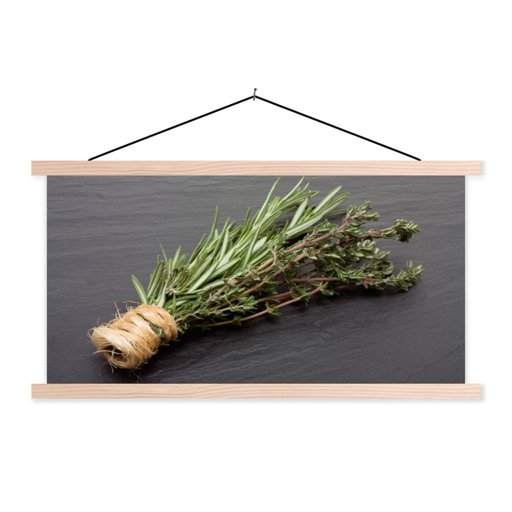 MuchoWow Textilposter Thymian - Kräuter - Grün - Tisch - Küche - Stein 60x30 cm mit holzfarbenen Rahmen - Dekoration