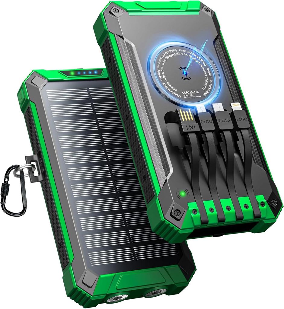 Solar Powerbank, 26800mAh Solar Ladegerät, Wireless Powerbank, Externer Akku, 15W Schnellladung mit 6 Ausgänge 3 Eingänge, Wasserdicht