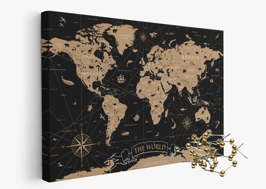 framed concept Personalisierte Weltkarte mit Pinnnadeln Handgefertigte Wanddekoration mit 50 goldenen Pins Einzigartige Geschenkidee