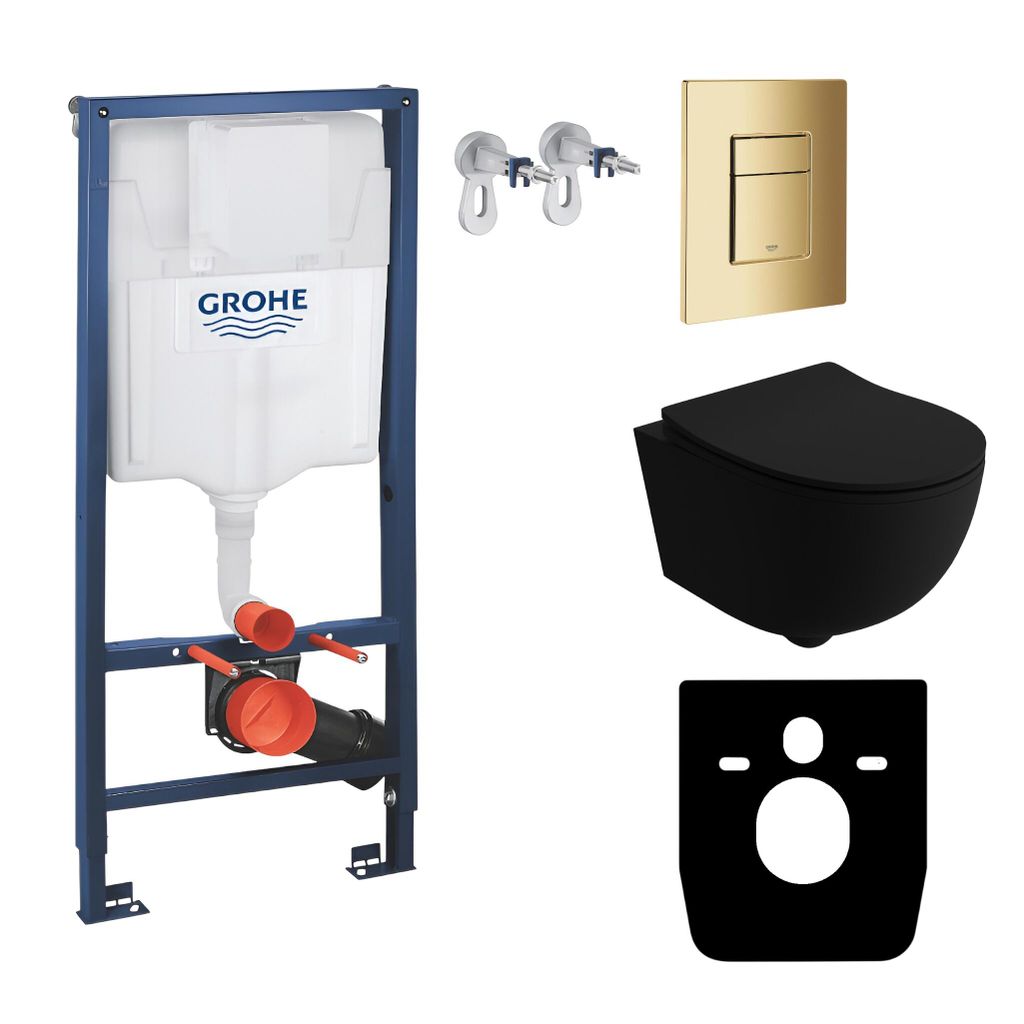 GROHE Vorwandelement Solido + Wand Hänge WC Brava Schwarz Spülrandlos + WC-Sitz SoftClose | Goldener Knopf | Komplettset | Unterputz Spülkasten ...