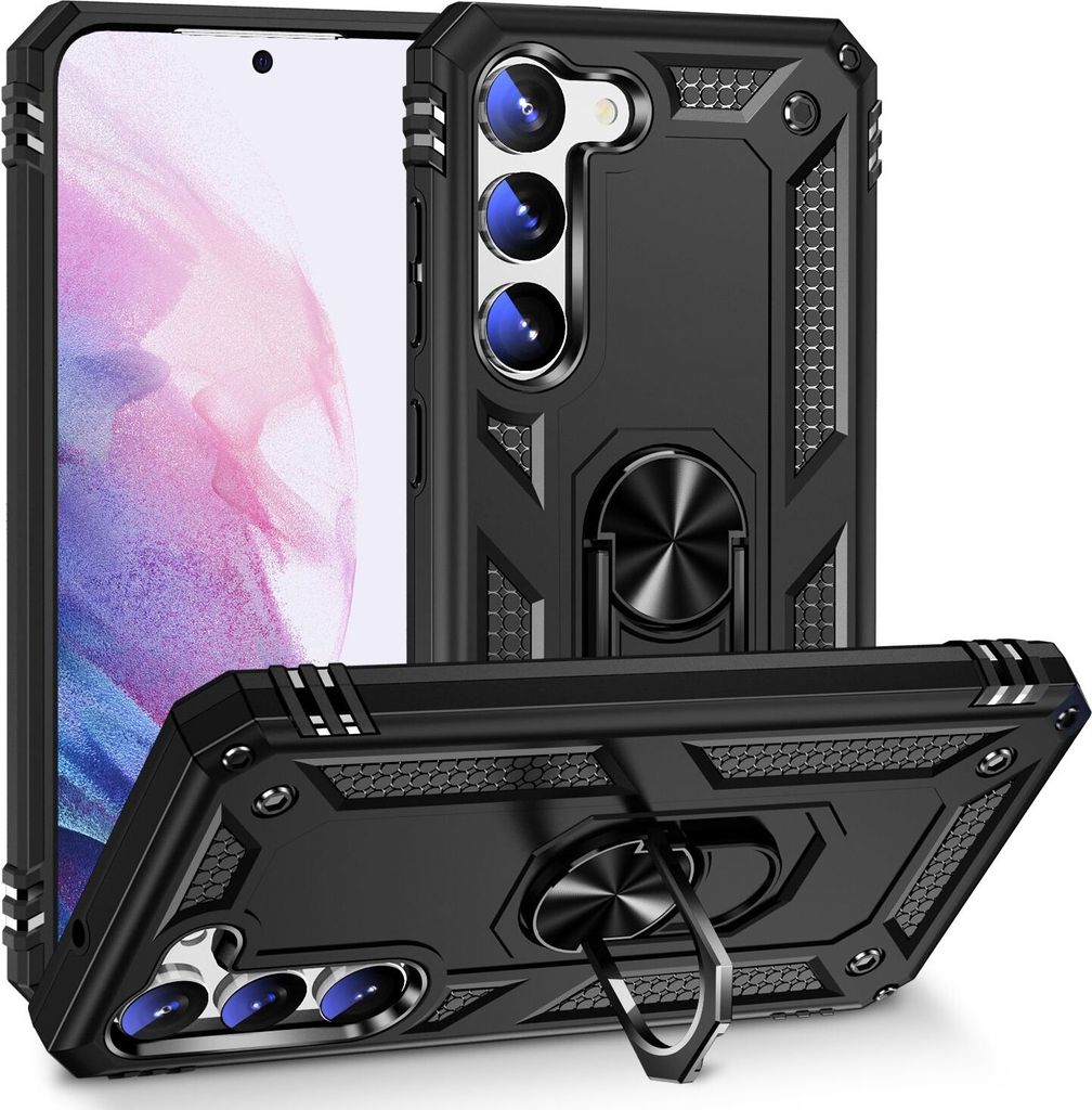 Schutzhülle für Samsung Galaxy S23+, Dual Layer Robust Militäre Fallschutz Hülle mit Ringhalterung Ständer Schwarz