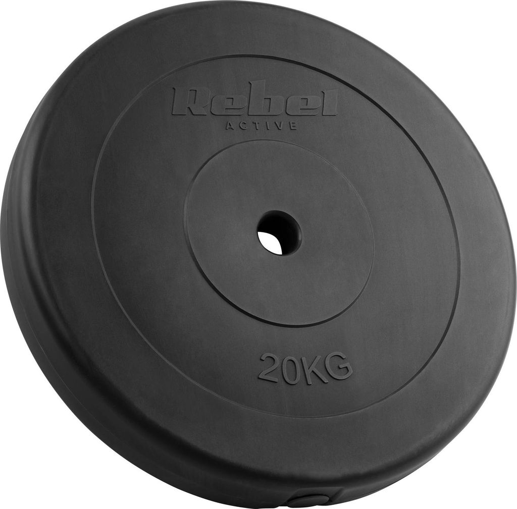 A black weight plate with a hole in the center, placed on a light gray background.