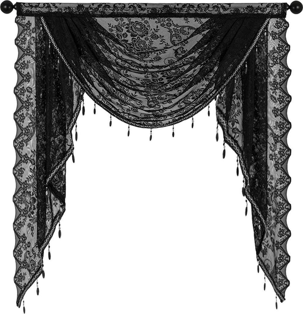 Schwarzer Volant mit Perlenspitze und Wasserfall-Muster, leicht, atmungsaktiv, einfache Installation, für kleine Fenster, halbtransparent, Swag-Wa...