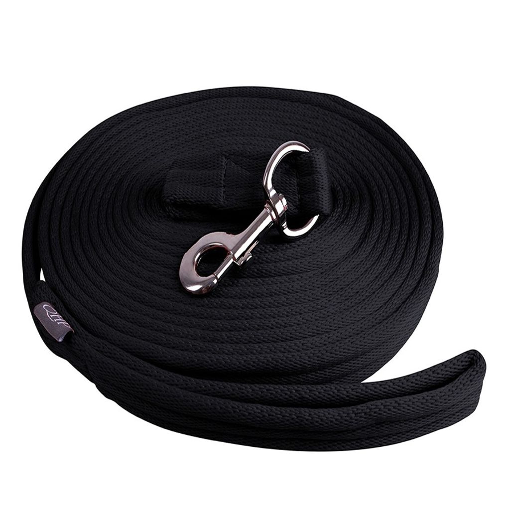 A black horse lunge line coiled on a white background.