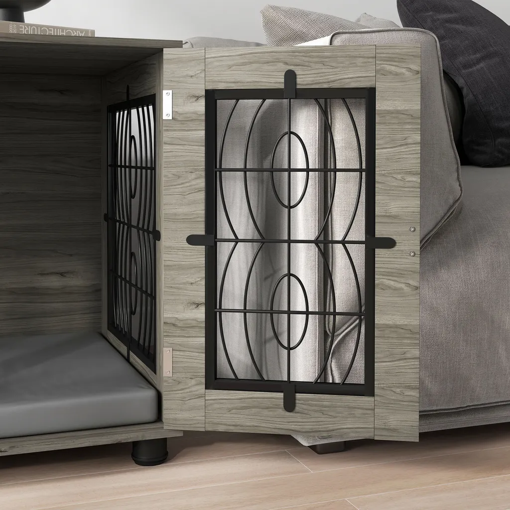 PawHut cassa per cani per casa, casetta per cani con cuscino, porta d'ingresso con serratura, cuccia per cani da interno con ventilazione in rete metallica per cani di taglia media fino a 20 kg, grigio, 80 x 56 x 63 cm - 9