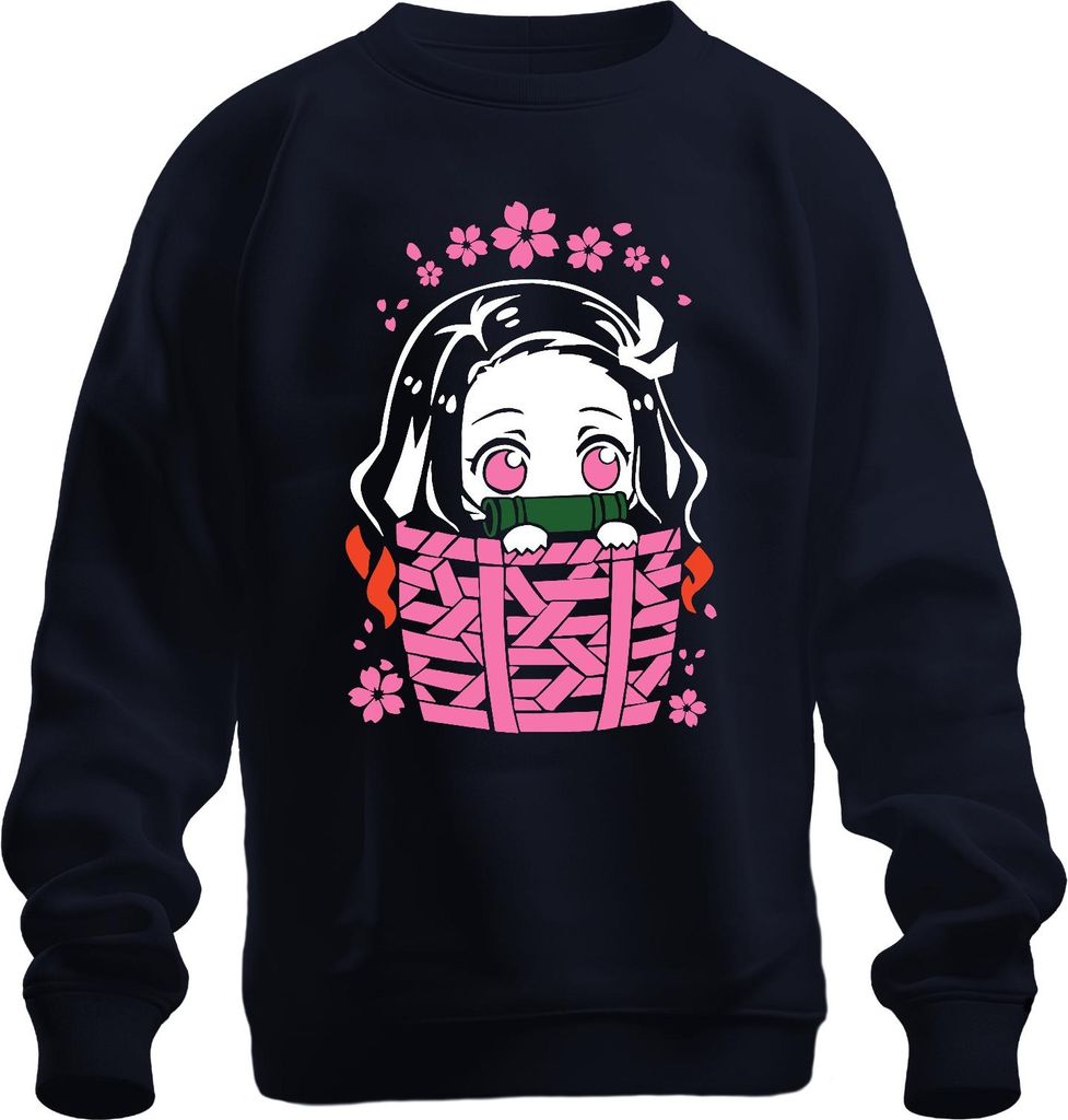 Nezuko Kimetsu No Yaiba Anime Kawaii Bambus Korb Sakura Geschenk Uni Sweatshirt Pullover, Navy, XL