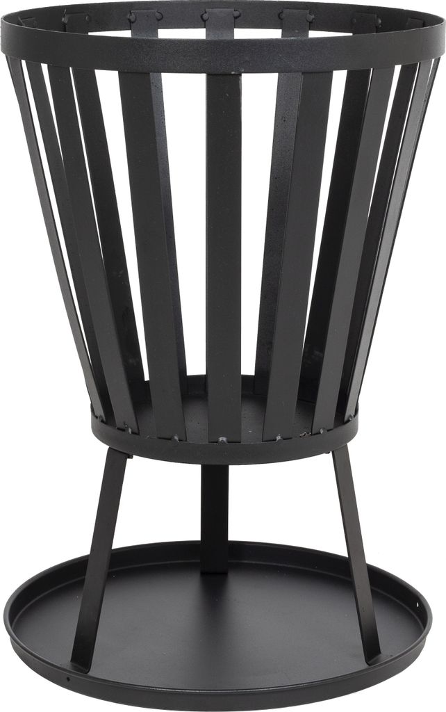 A black metal fire pit on a white background.