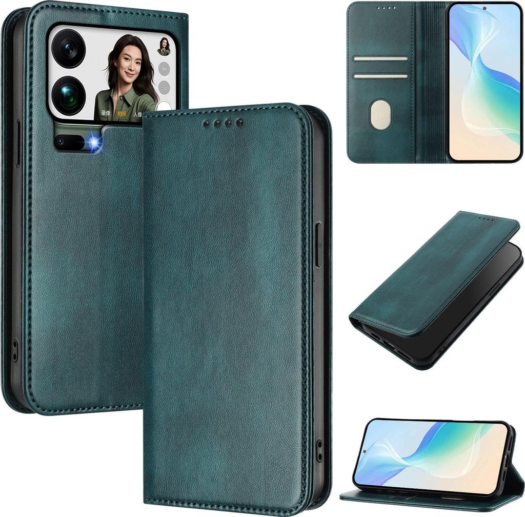 Handyhülle für Xiaomi 17 Pro Max, Vintage Leder RFID Schutz Kartenfach Standfunktion Magnetische Klapphülle Grün