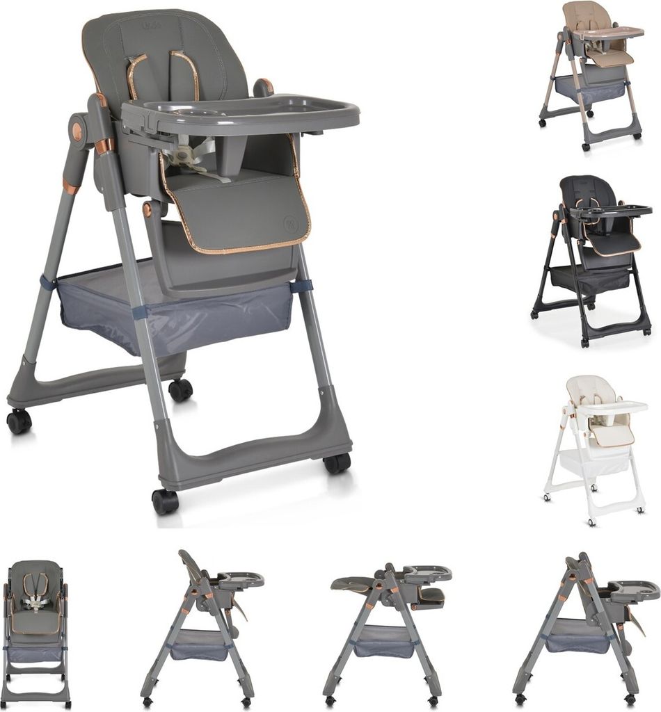 A collage of different views and colors of a baby high chair.