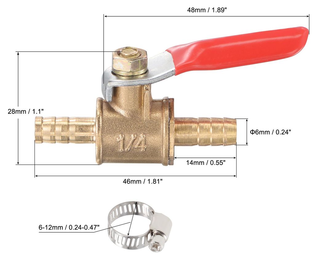 Messing Kugelhahn Absperrventil 6mm Schlauchtš¹lle auf 6mm Schlauchtš¹lle mit Schelle rot Griff