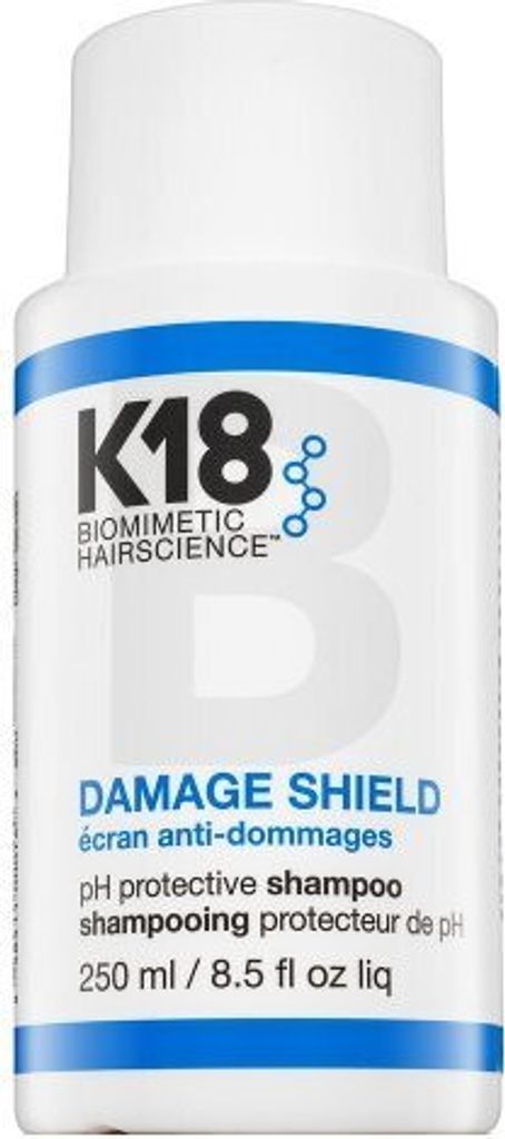 A white bottle of K18 Damage Shield pH Protective Shampoo.