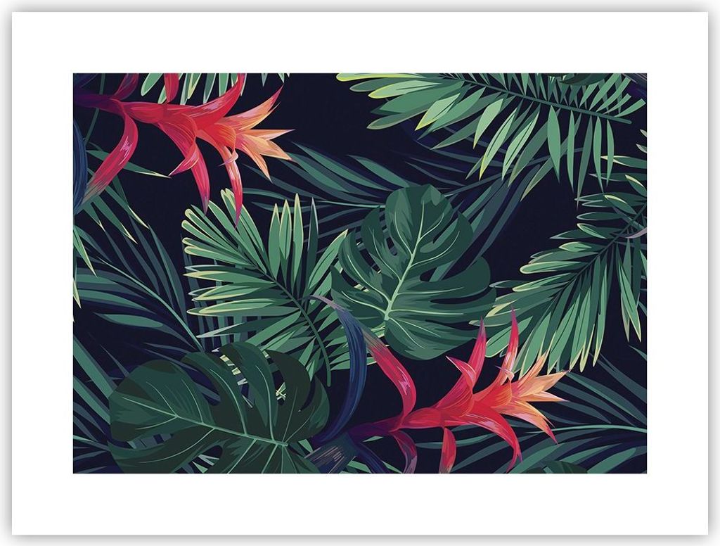 Poster - Poster ohne Rahmen - Exotisch Blumen Blätter - 40x30 cm - Wand Bild - Wanddeko - Wandbilder - Kunstposter - Wandposter - Bilder - Kunstdr...