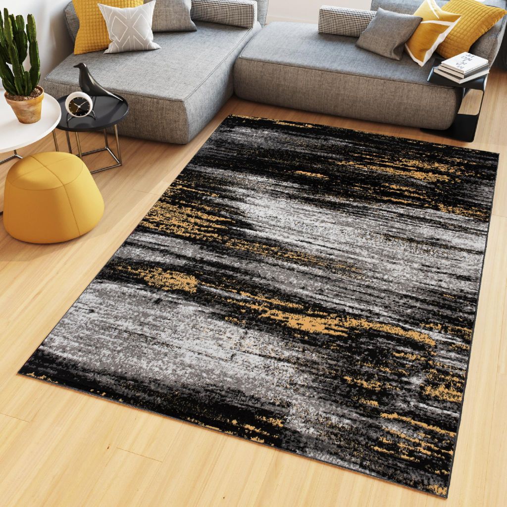 Tapiso Teppich MAYA Modern Schwarz Grau Gelb Schlafzimmer Produktbild 