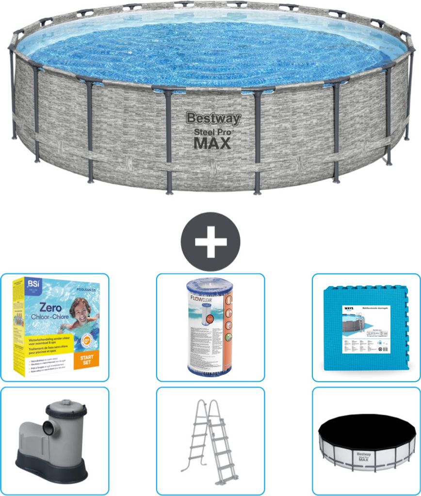 Bestway Round Steel Pro MAX Schwimmbad – Steindruck – 549 x 122 – inklusive Pumpe – Leiter – Abdeckung Wartungspaket - Filter - Bodenfliesen