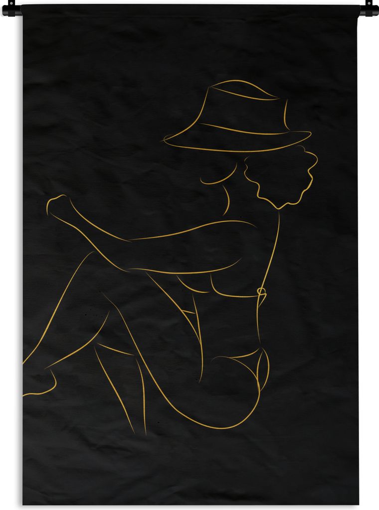 MuchoWow Wandteppich Wandbehang Frau - Hut - Gold - Schwarz 60x90 cm Tapisserie Dekoration Wandtuch - Foto-Teppich - Abwaschbar