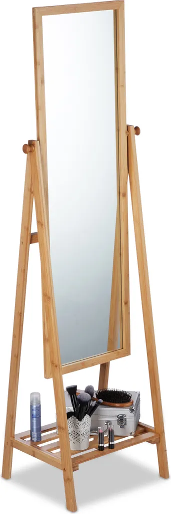 Miroir sur pied inclinable en bois de bambou avec cadre rectangulaire