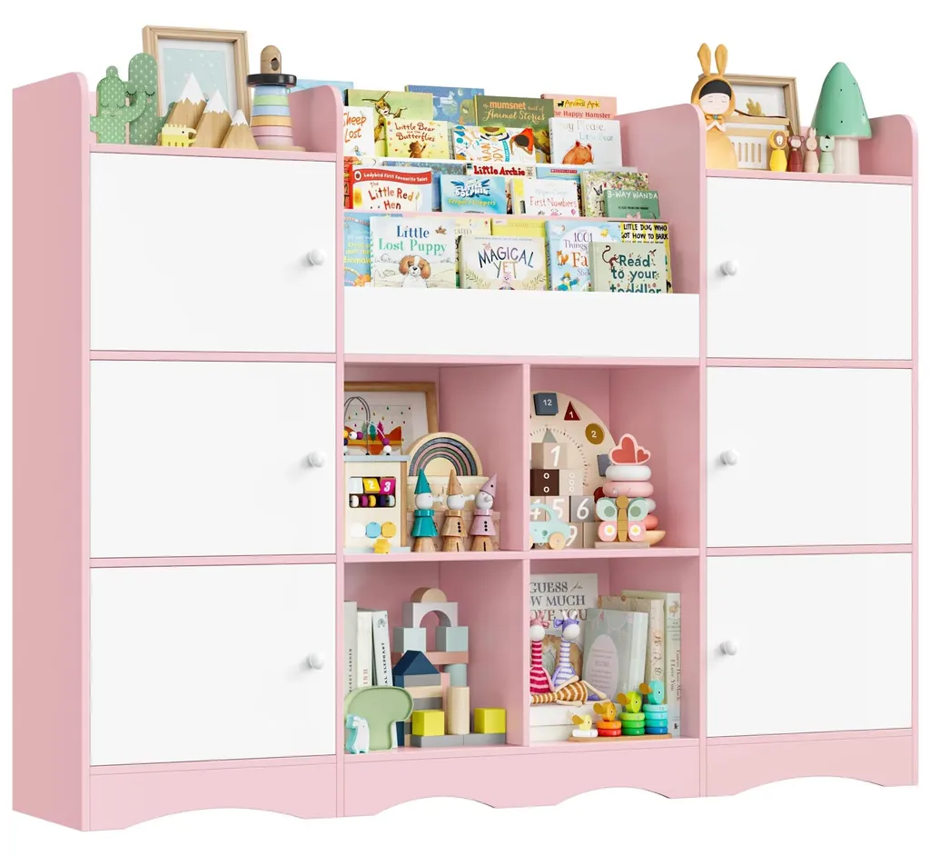 Bibliothèque de rangement enfant rose avec bacs pour chambre de fille