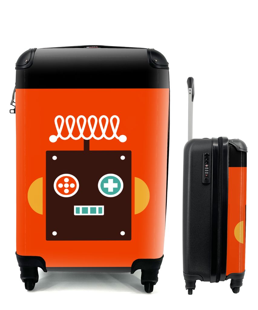 MuchoWow Koffer Handgepäck Trolley Rollkoffer Kleine Reisekoffer mit 4 Rollen - Roboter - Formen - Gesicht - Orange - Jungen - Kinder - Cabin Si...