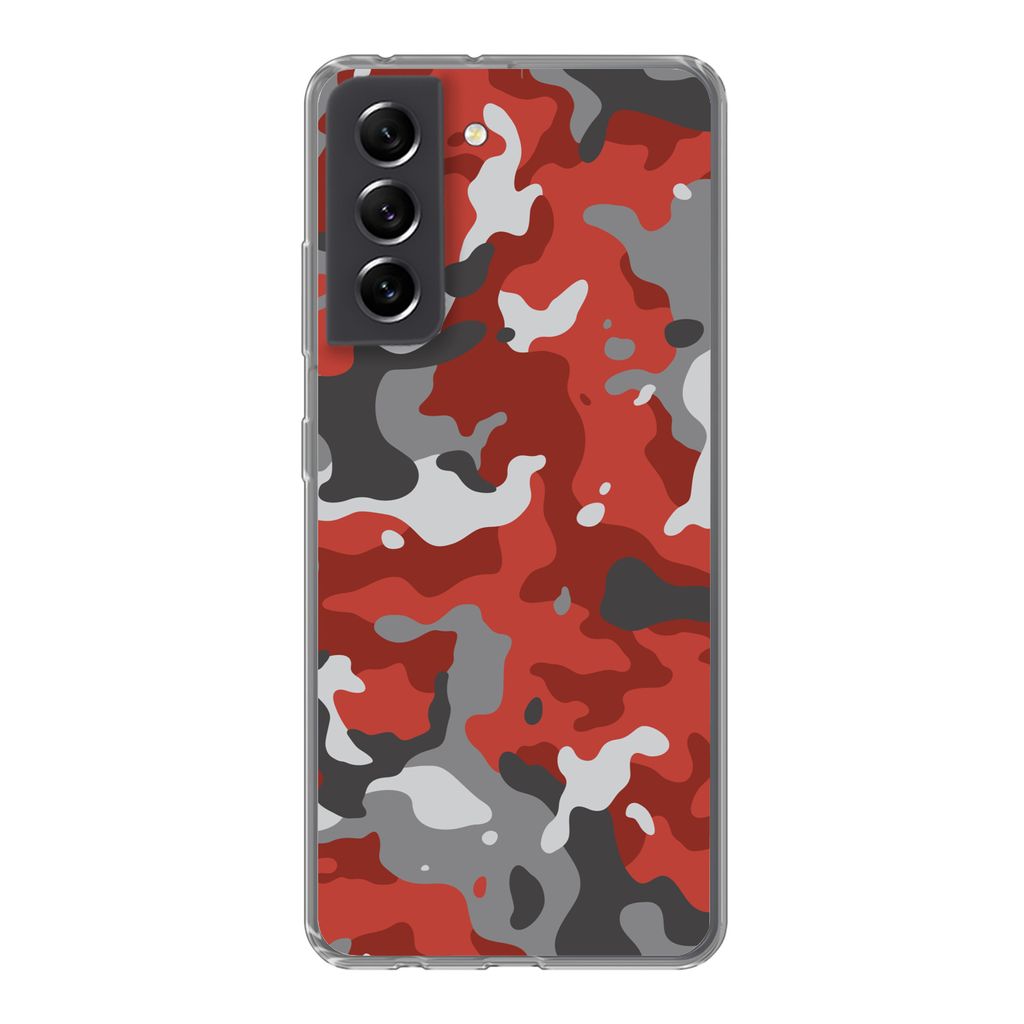 MuchoWow Handyhülle Schutzhülle Hülle für Samsung Galaxy S21 FE Rot mit grauem Camouflage-Muster Silikon Softcase Handy Hülle - Mobiltelefon...