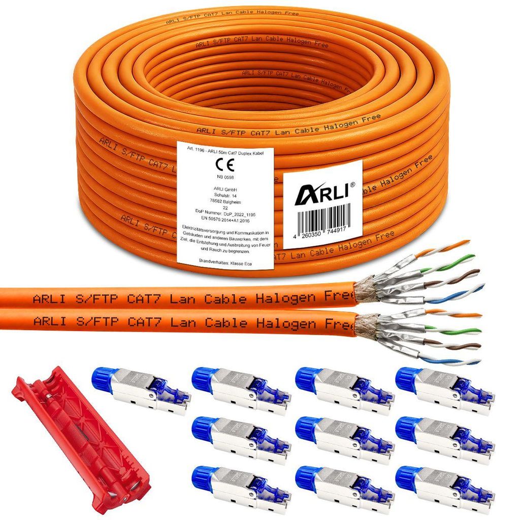 ARLI 50 m Duplex Cat7 Verlegekabel S/FTP LSZH + 10x RJ45 Cat8.1 Stecker werkzeuglos + Kabelmesser Netzwerkkabel Orange