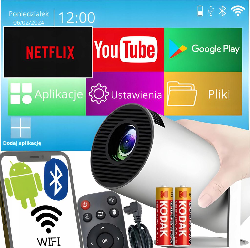 A collage of a projector, its accessories, and a smartphone displaying various app icons and connectivity symbols.